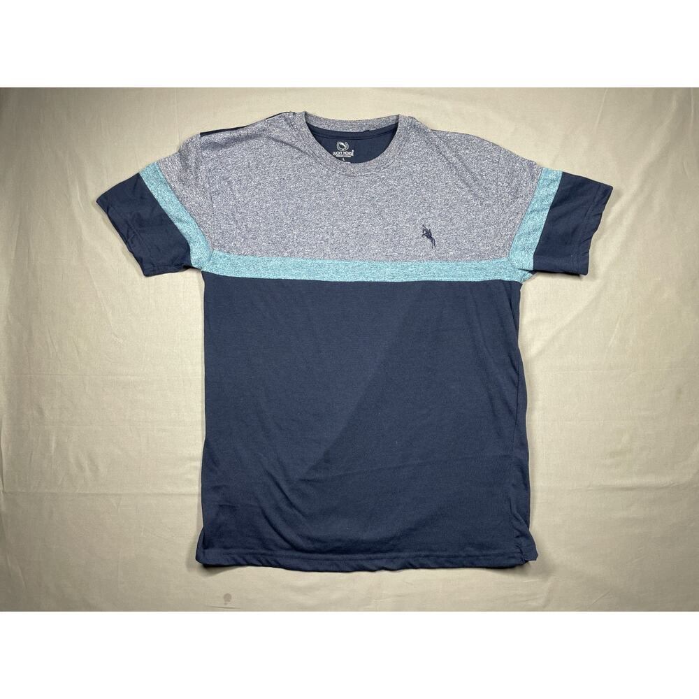 Lucky Horse Men's Blue Gray Aqua Color Block Short Sleeve T-Shirt Tee - Large